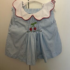 Designer: Zuccini Kids. Blue and White Gingham Kids Dress with Cherry Embroidery